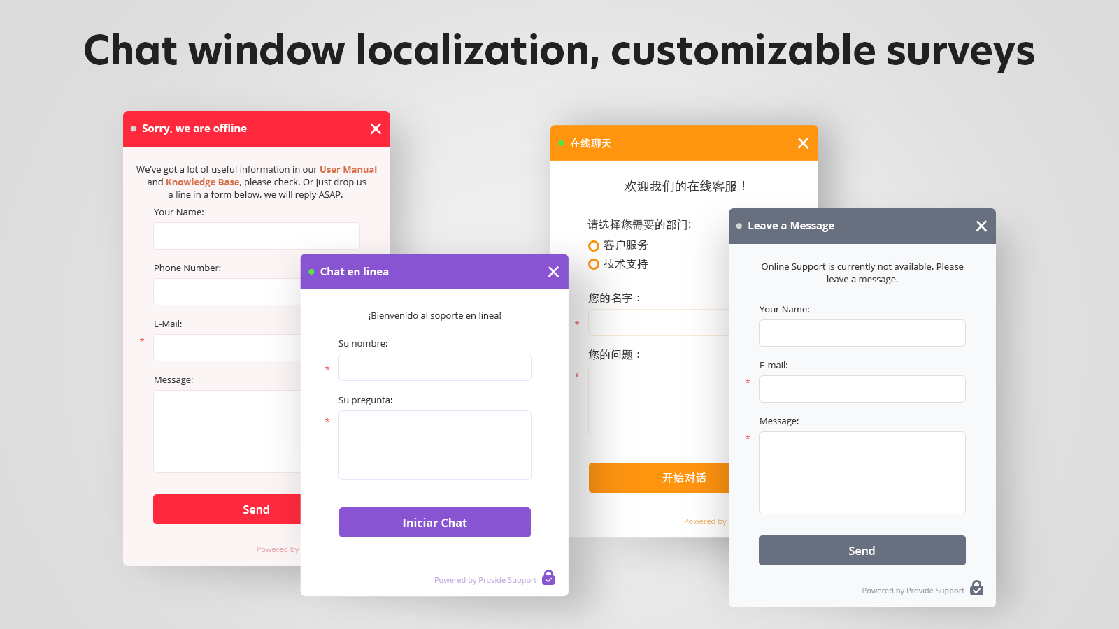 Localize chat window, setup pre-chat and offline surveys