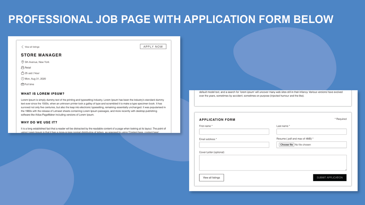 Página de emprego profissional com formulário de candidatura abaixo