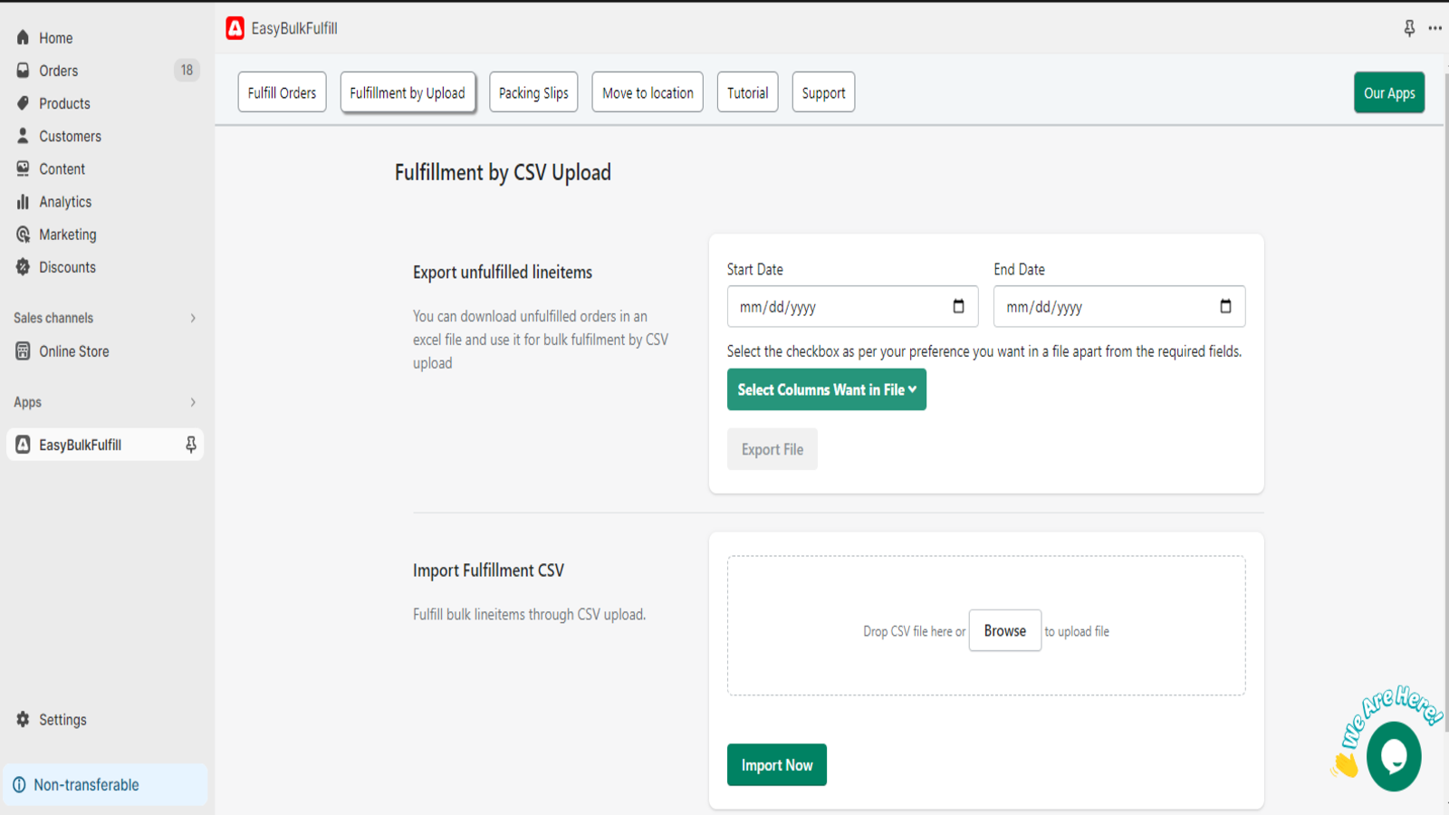 Bulk Fulfill by CSV Upload page