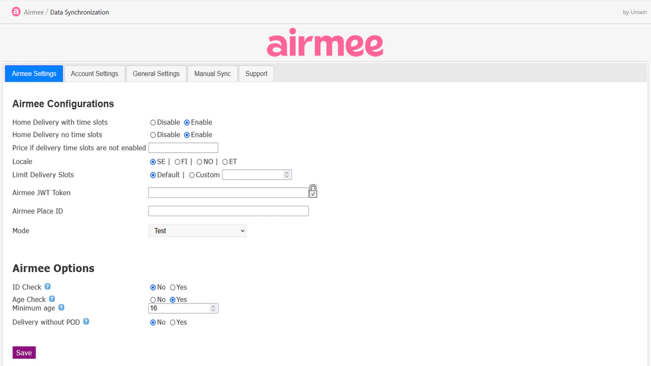 Configurações da Airmee