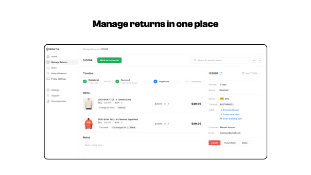 Manage returns page with list of requests and statuses