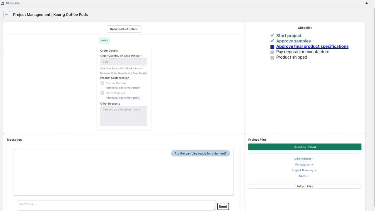 GhostLabel's projecct management dashboard