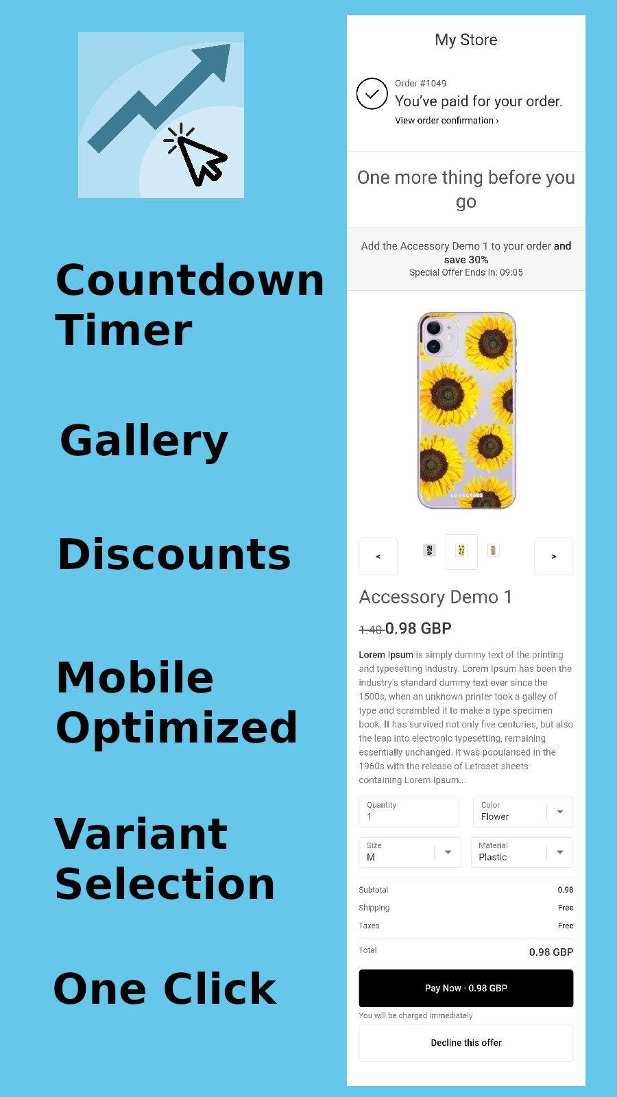 Countdown Timer, Gallery, Discounts, Mobile Optimized, One Click