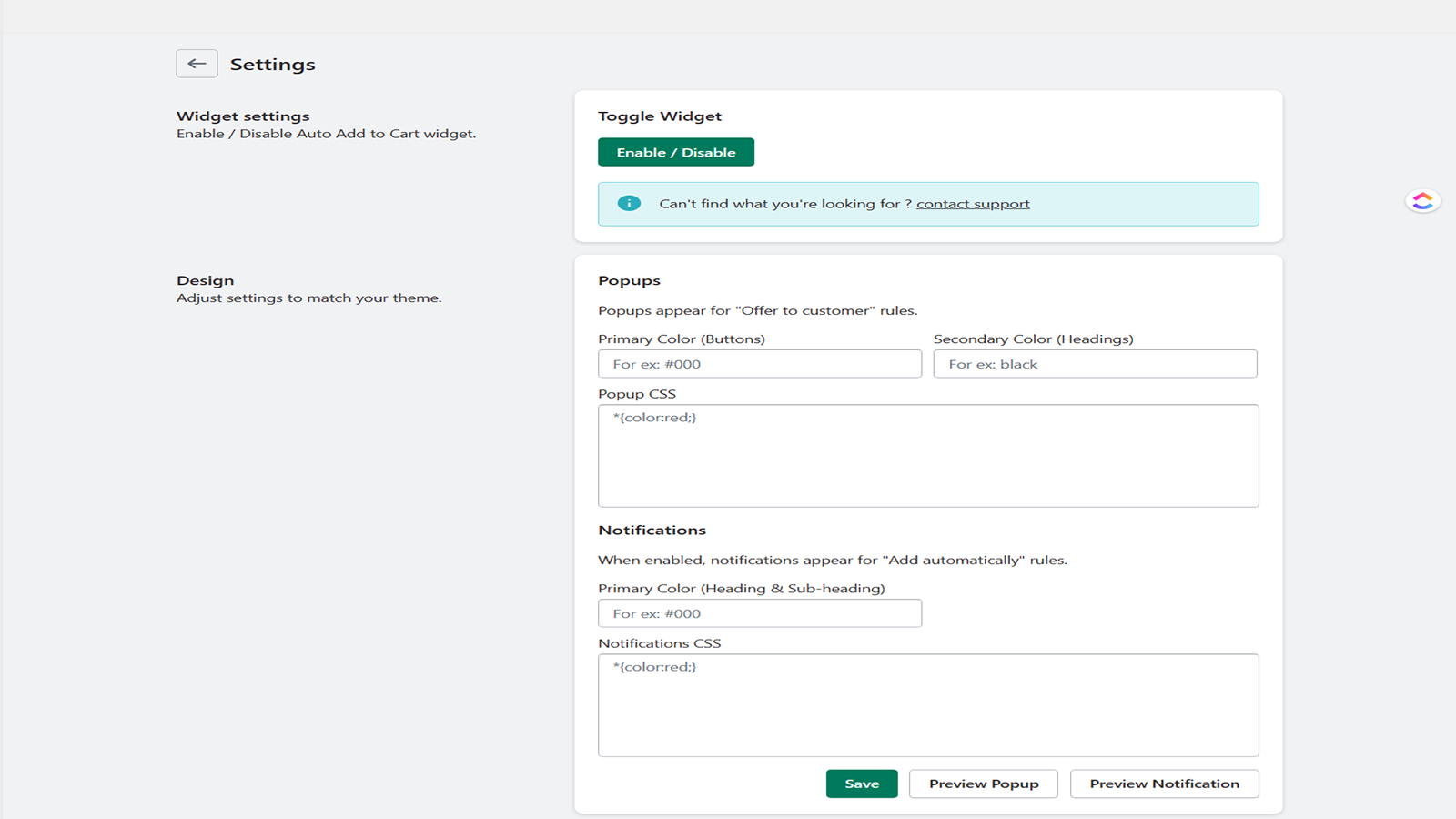 settings page