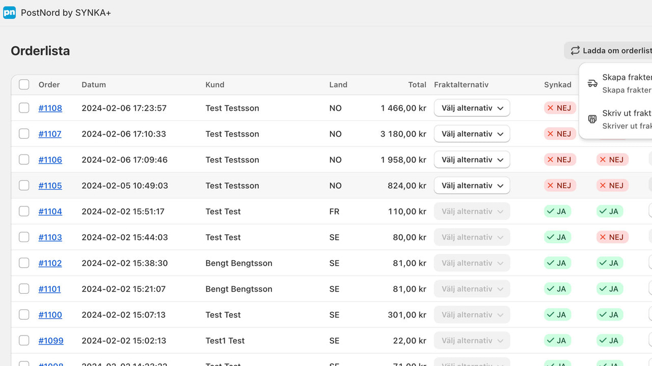 Orderlista inställningar