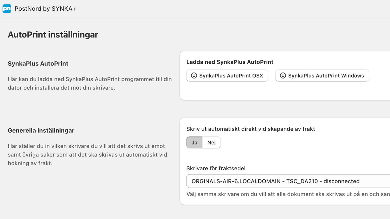 Autoprint inställningar