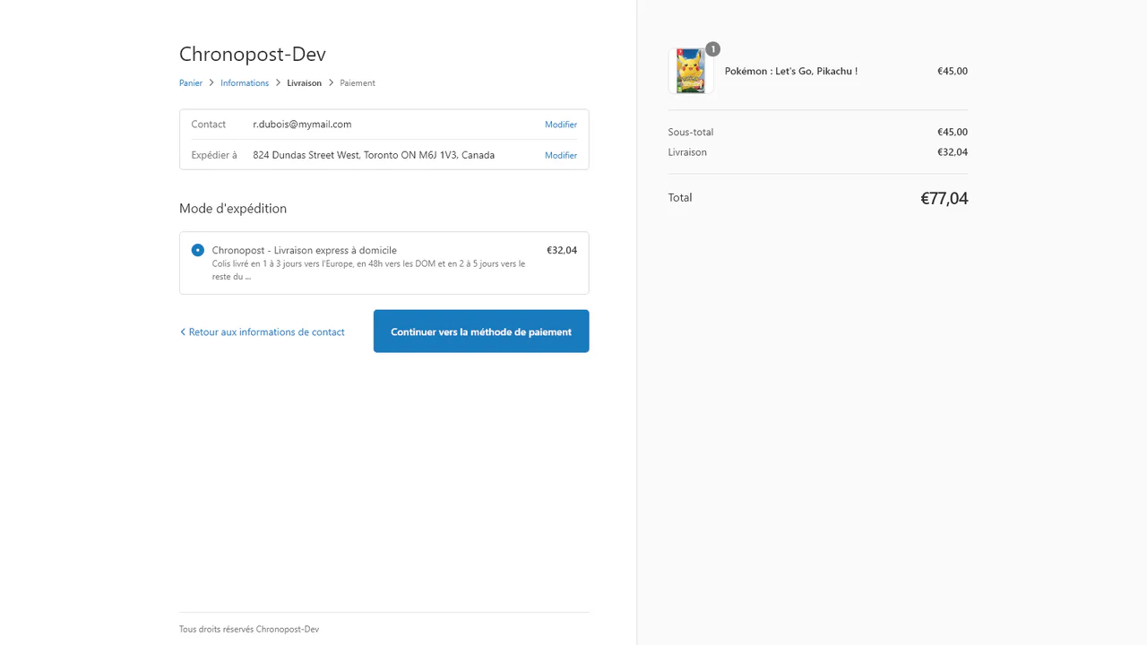 Lors de la commande, les modes de livraison Chronopost