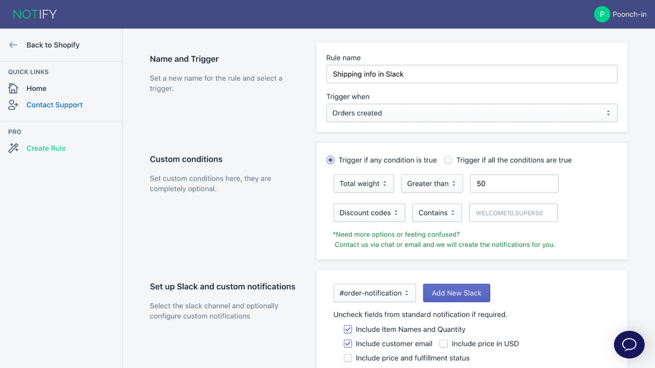 Página de configuración de reglas personalizadas