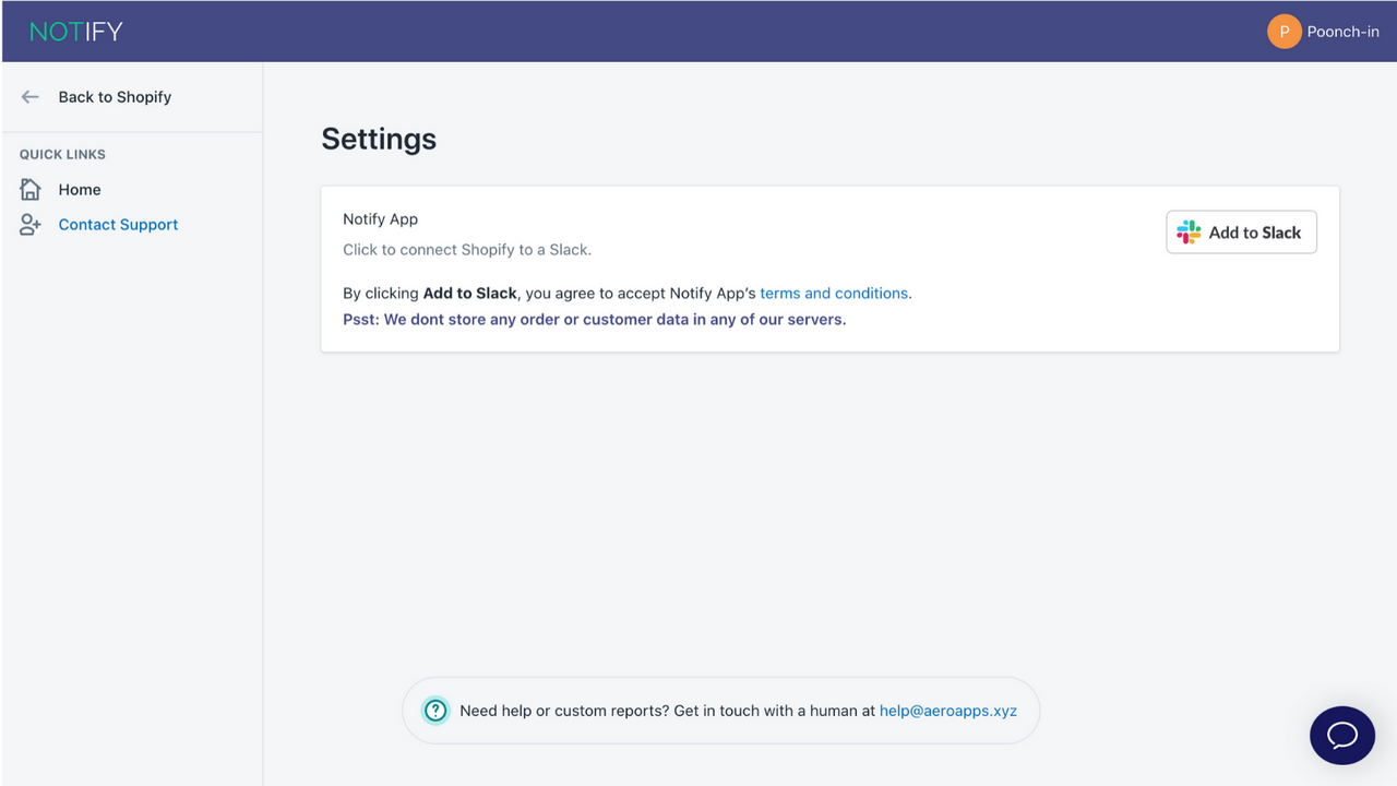 Shopify Slack forbindelses- eller integrations side