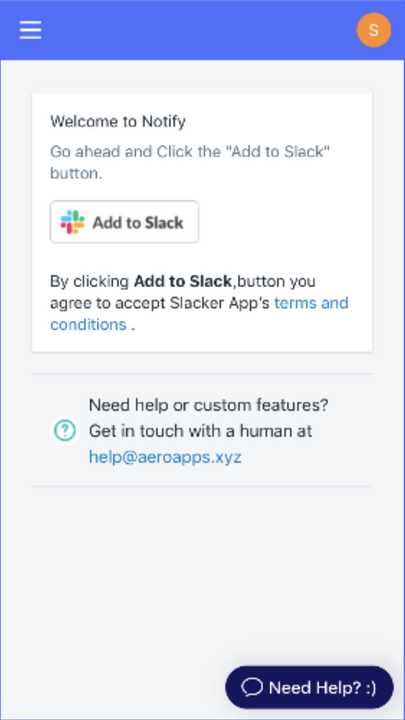 Página de conexión o integración de Shopify Slack en vista móvil