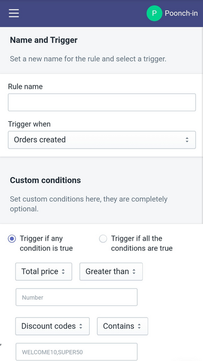Interface do usuário para criação de regras