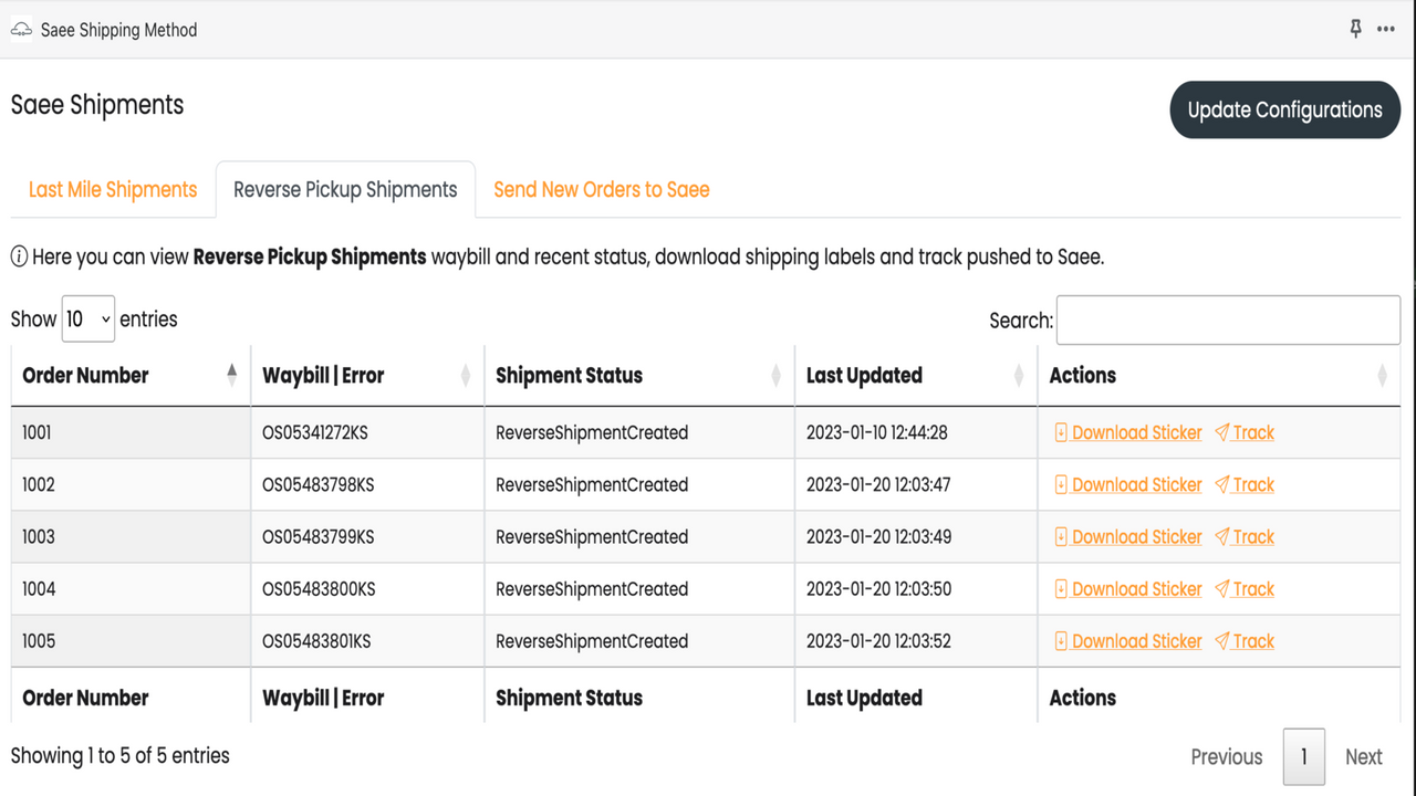 Saee Reverse Pickup Shipments List