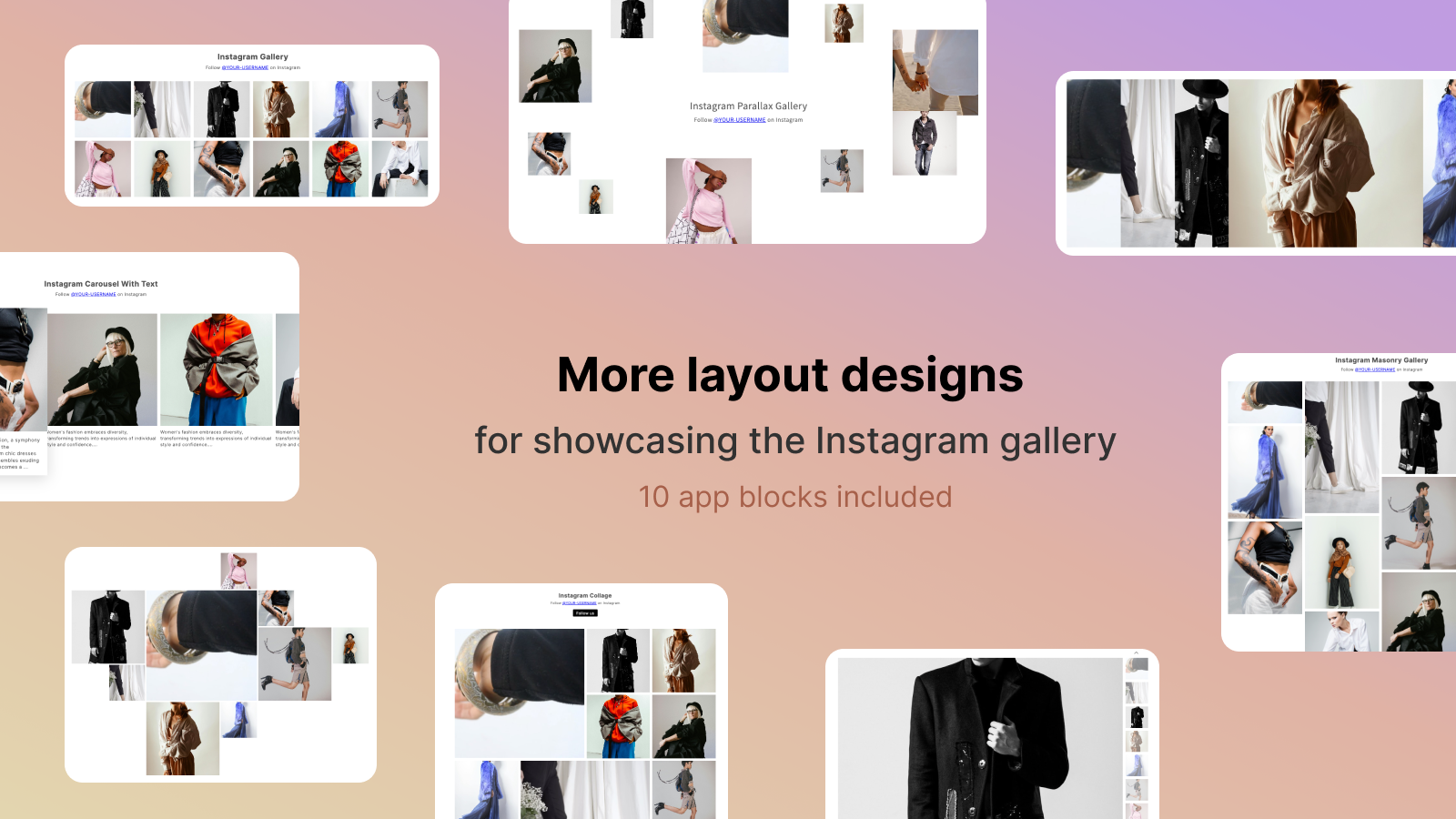 Flere layout designs til fremvisning af Instagram feed galleri