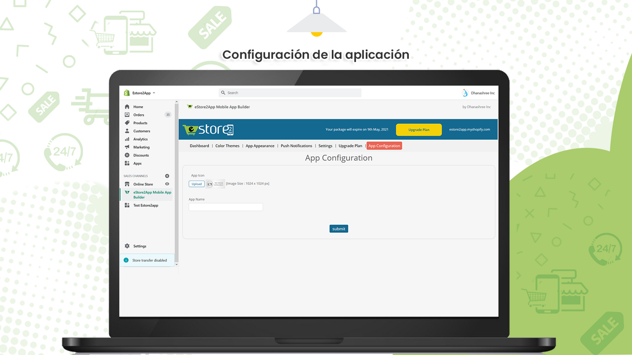 configuración de la aplicación móvil estore2app shopify