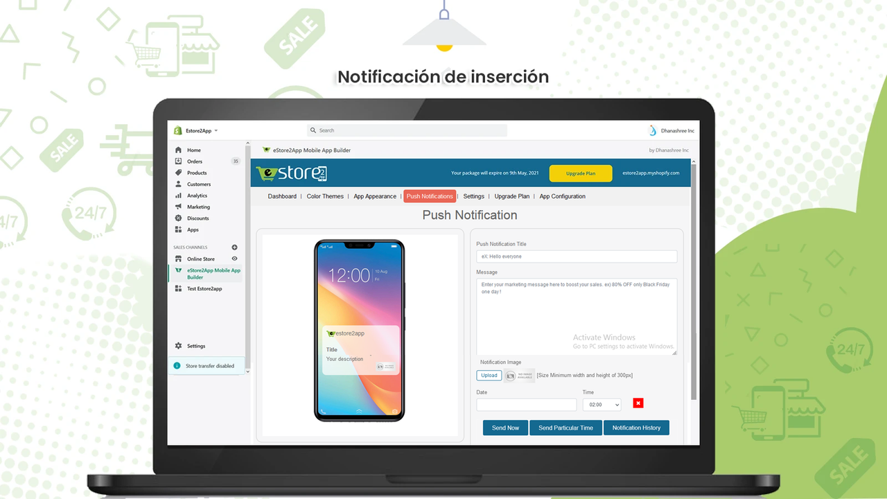 Notificación push de la aplicación móvil estore2app shopify