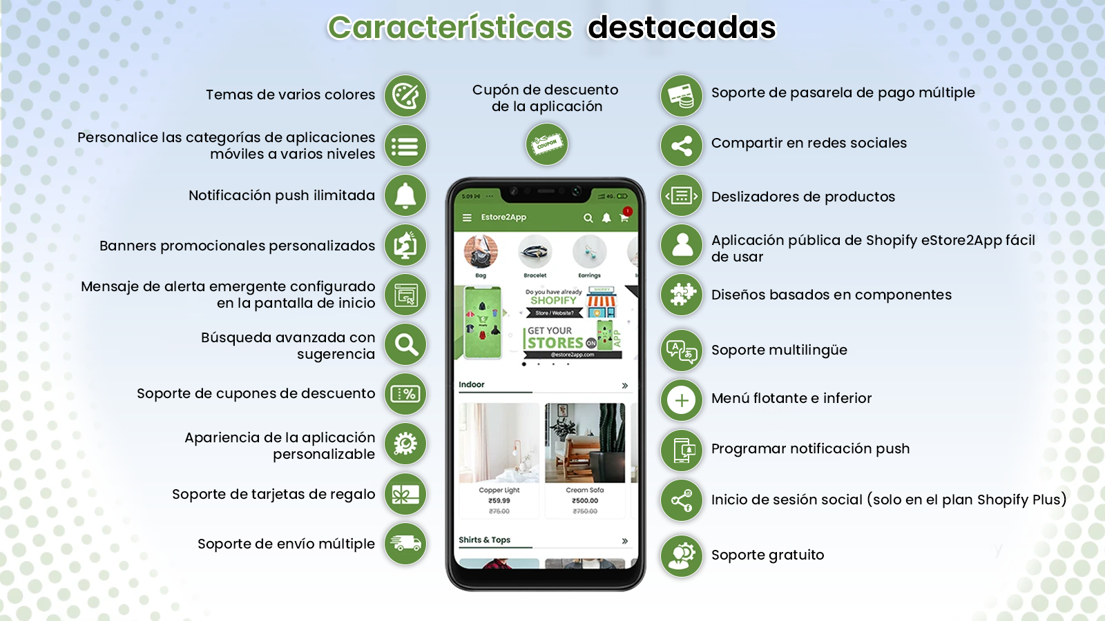 estore2app características destacadas de Shopify