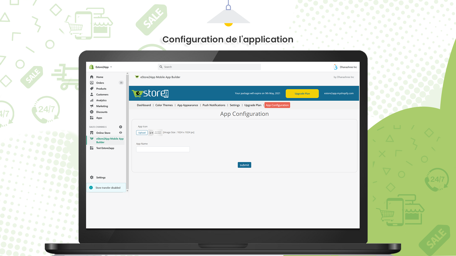 configuration de l'application mobile estore2app shopify
