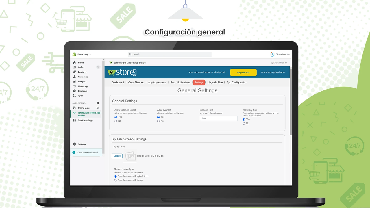 Configuración general de la aplicación móvil estore2app shopify