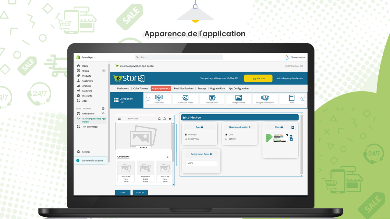 apparence de l'application mobile estore2app shopify