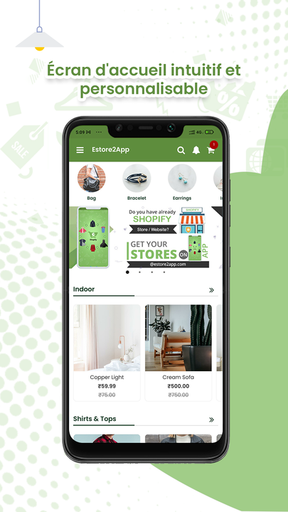 écran d'accueil de l'application mobile estore2app shopify