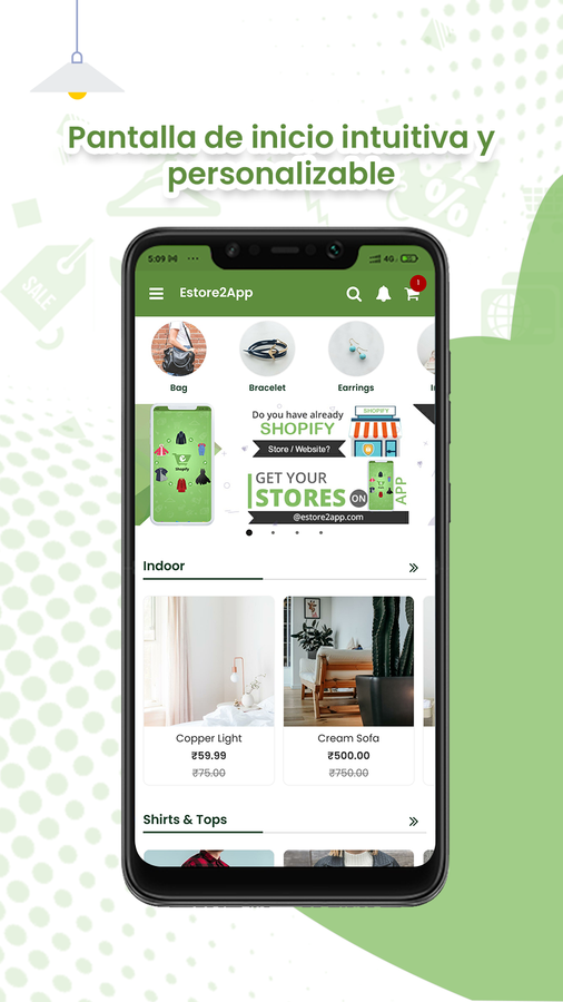 estore2app pantalla de inicio de la aplicación móvil de Shopify