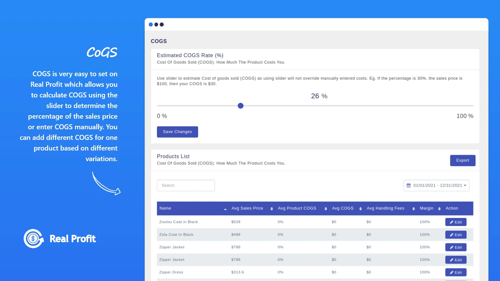 Set Cost Of Goods Sold through slider and manually 