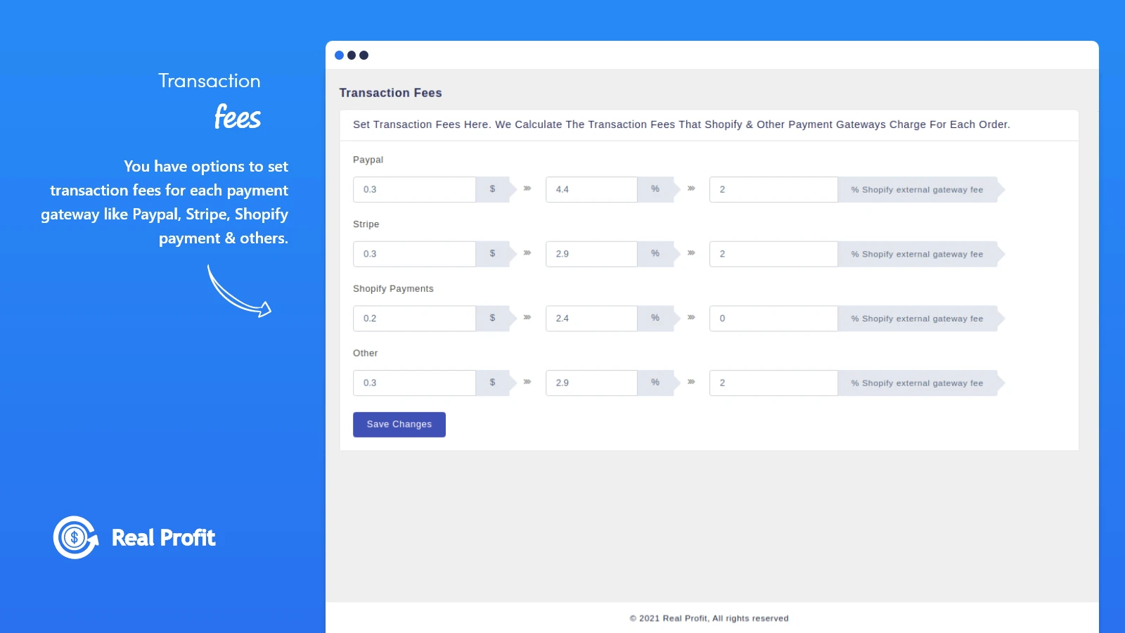 Set Transaction Fees here as per the payment gateway