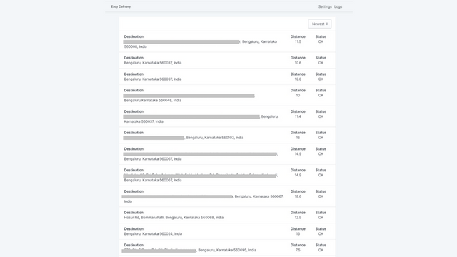 página de registros para mostrar todos los resultados de entrega local