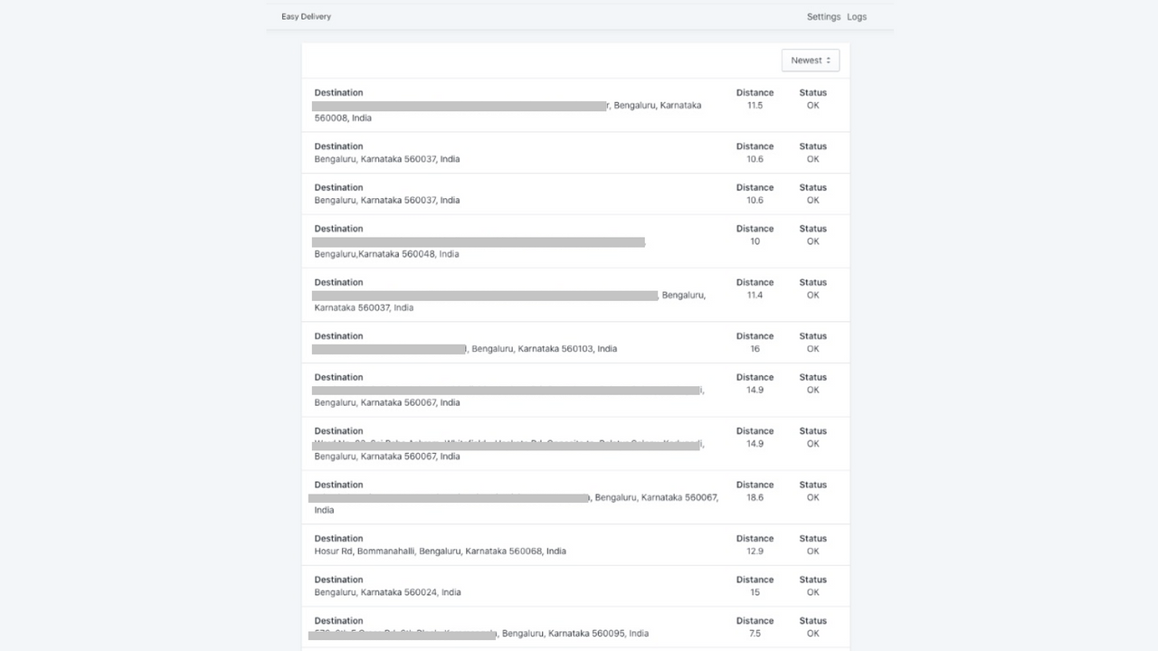 página de registros para mostrar todos os resultados de entrega local