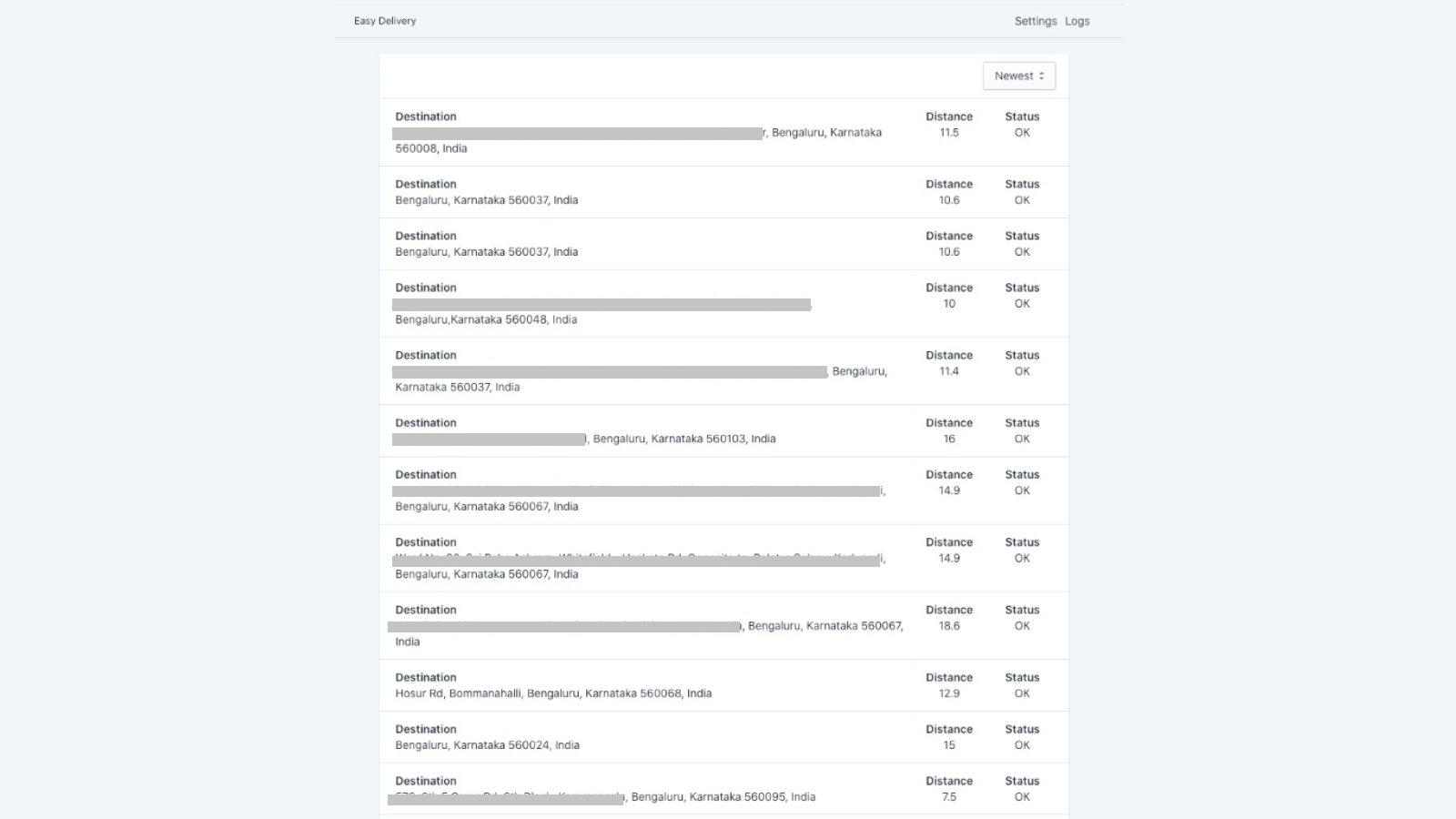 página de registros para mostrar todos los resultados de entrega local