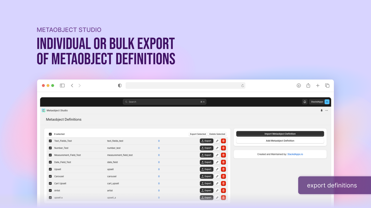 Exportation Individuelle ou en Vrac de Définitions de Metaobjets