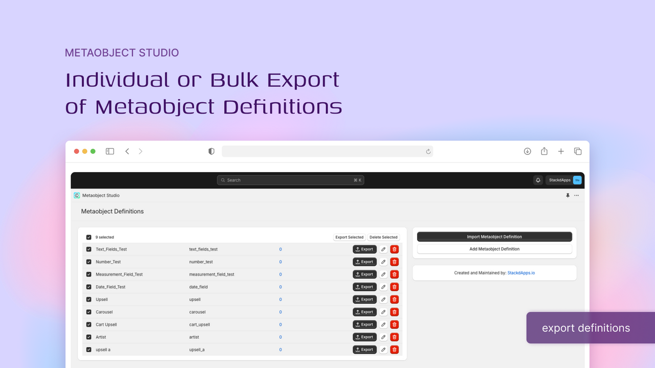 Bulk och individuell export av Metaobjektsdefinitioner