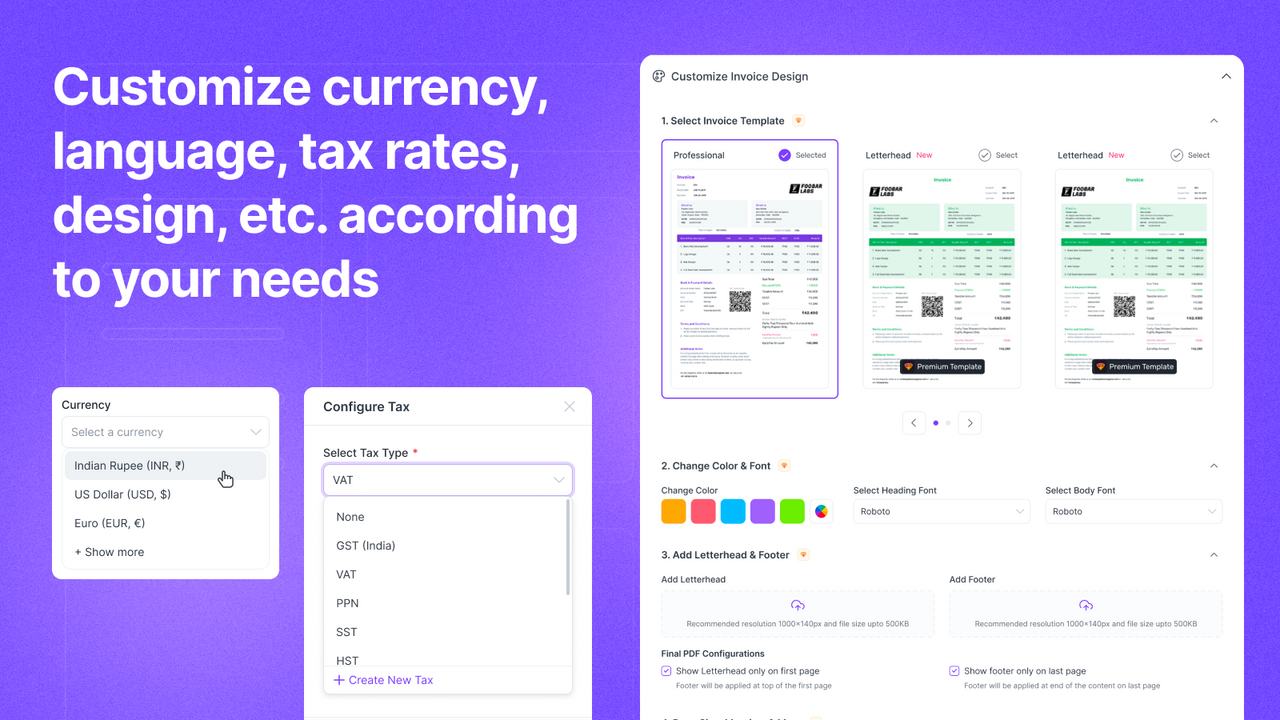 Customize currency, language, tax rates, design, etc. according 