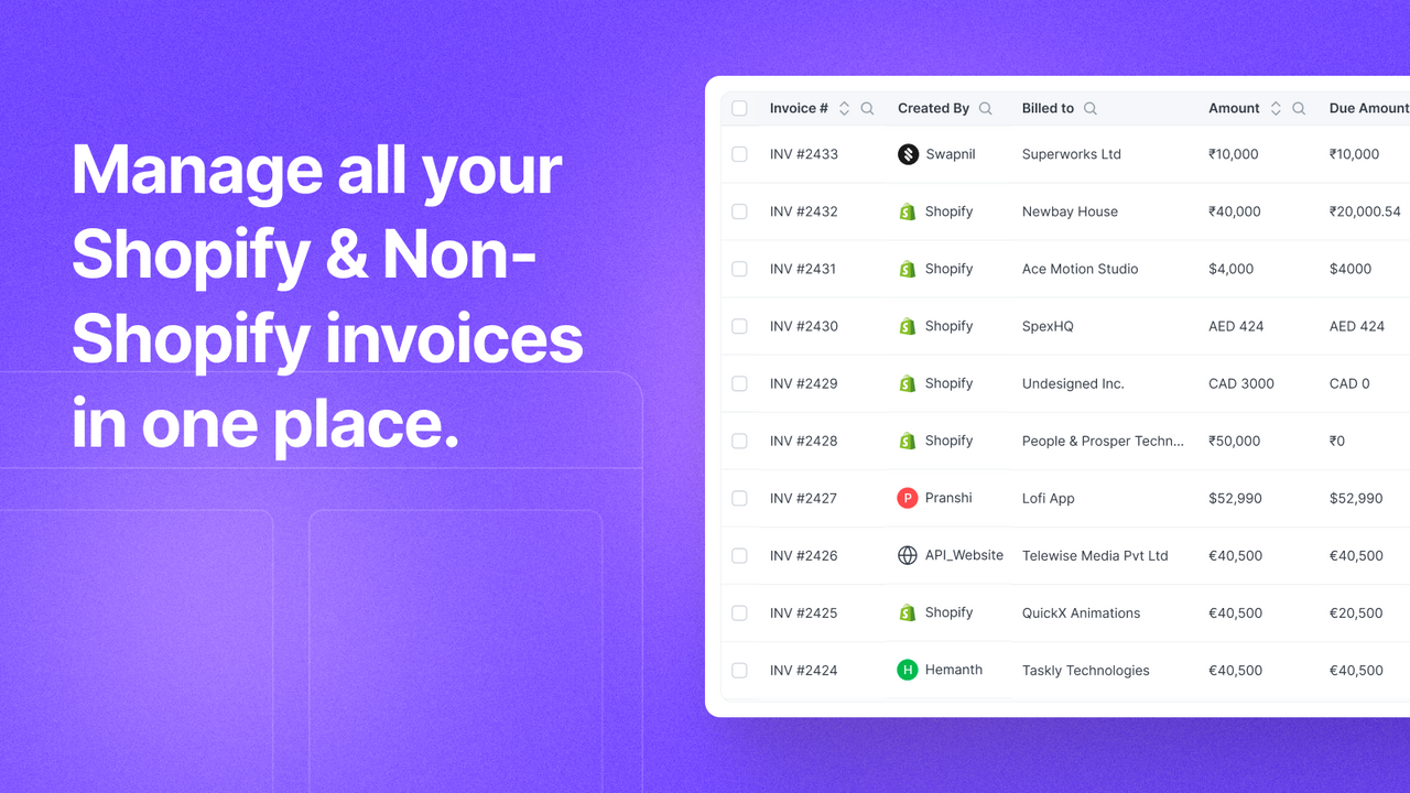 Manage all your Shopify & Non-Shopify invoices in one place.