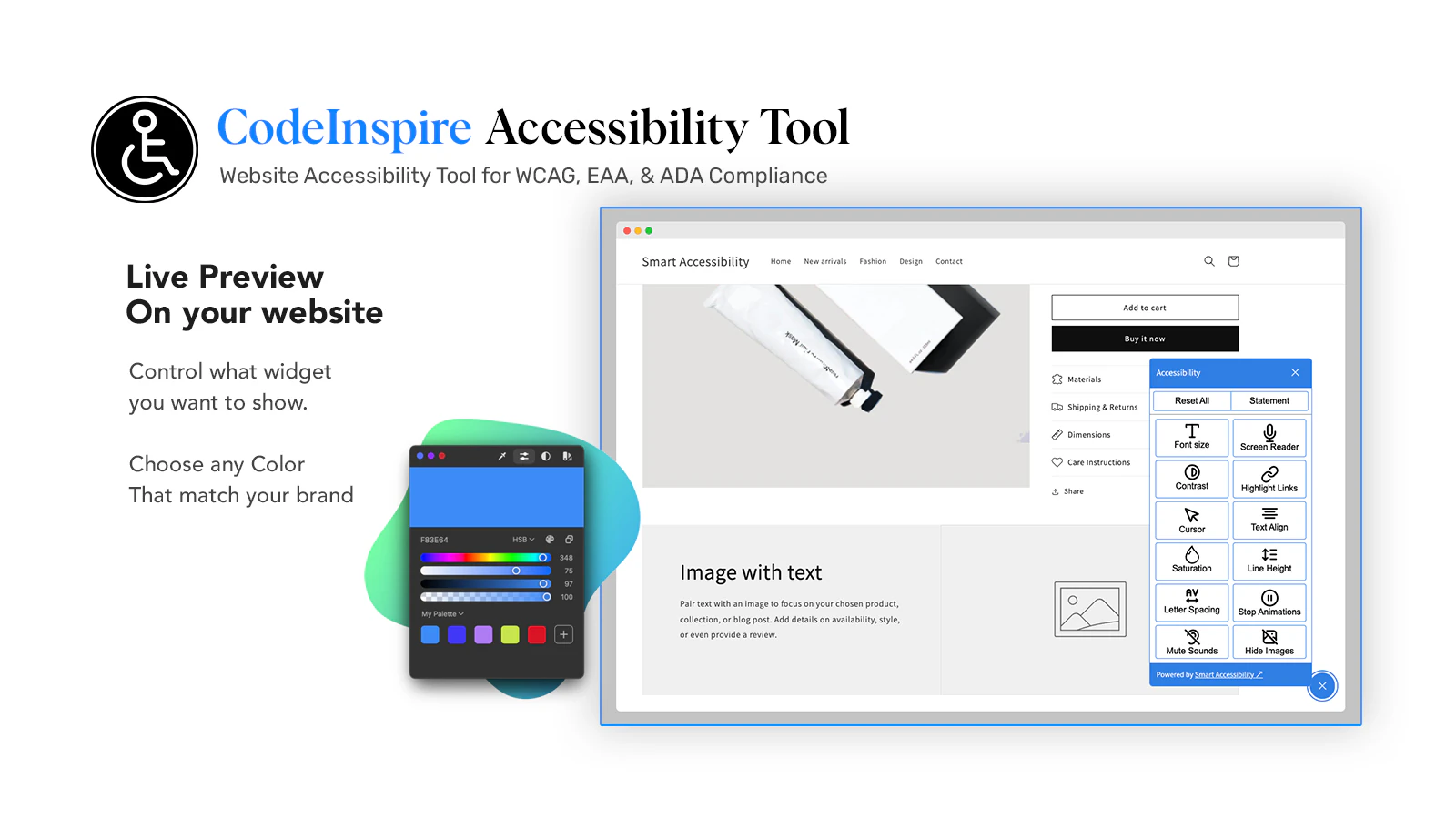 CodeInspire Accessibility Tool live forhåndsvisning på website