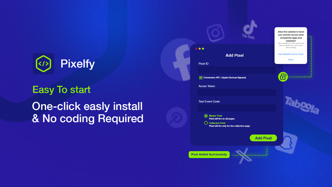 Illustrating Pixelfy's easy setup process for ad tracking.