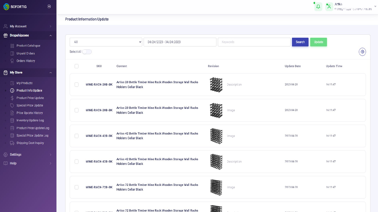 Panel de Actualización de Producto