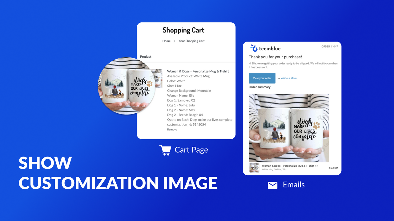 Show personalized image on cart & email Teeinblue Personalizer 