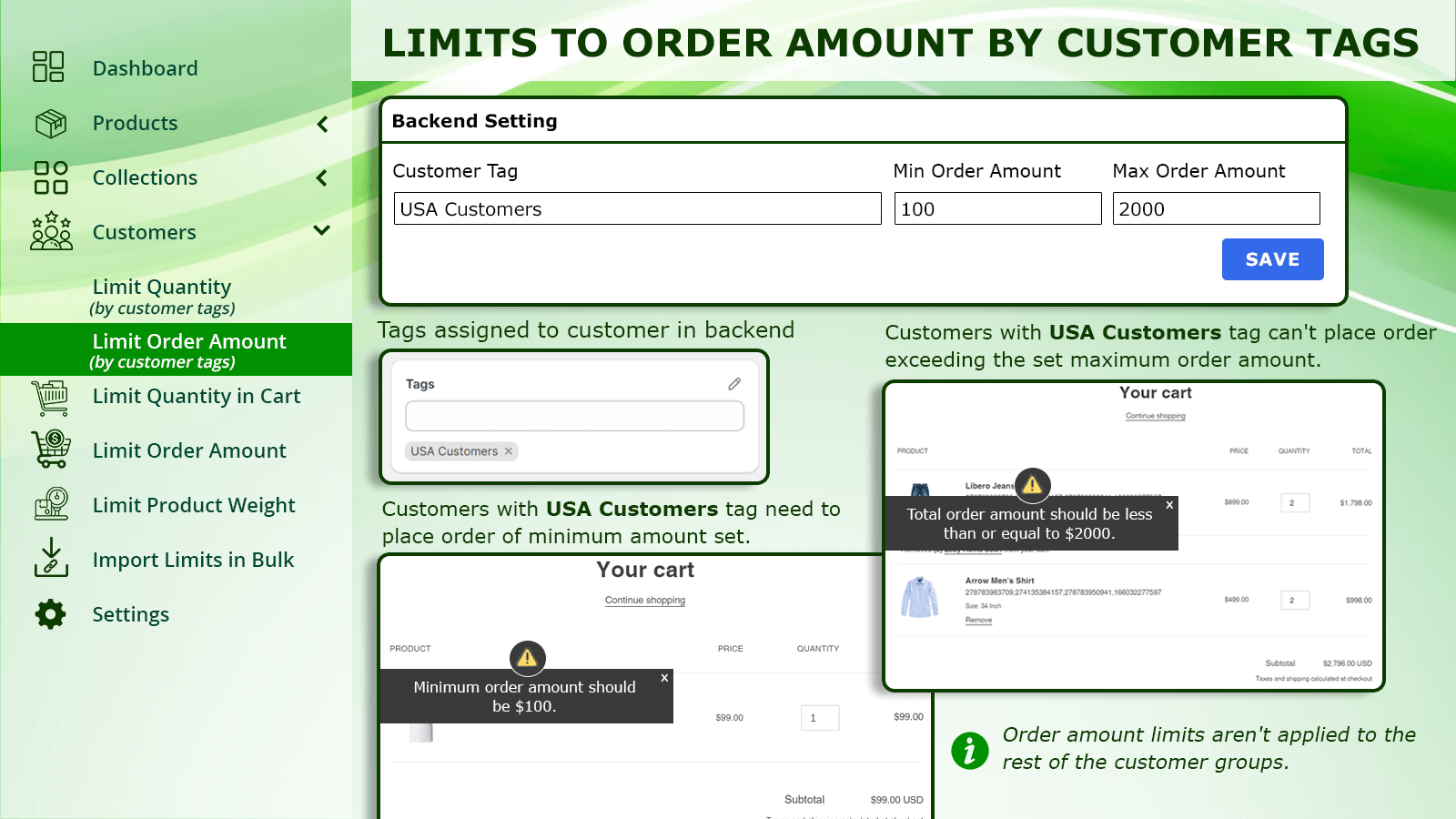 Limits to order amount by customer tags