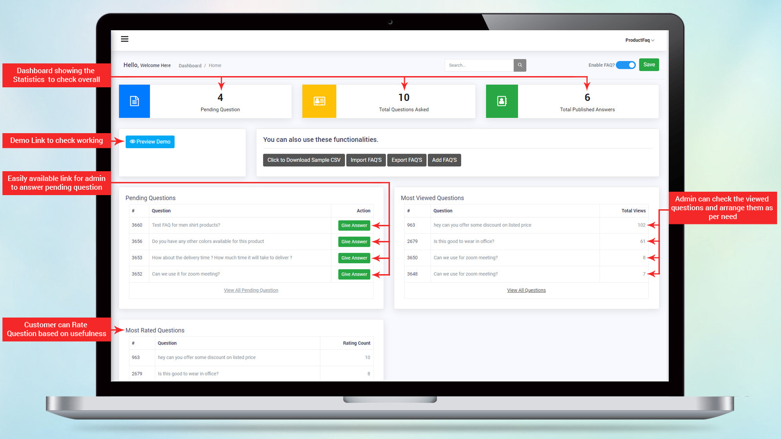 Panel de administración de FAQ