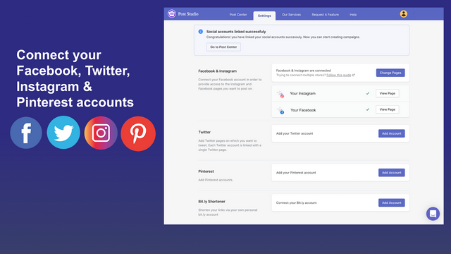 Connectez Facebook, Twitter, Instagram et Pinterest