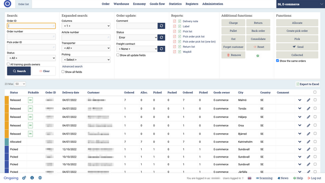 Ongoing WMS order list provides overview of your sales orders.