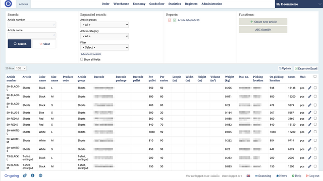 Ongoing WMS verfügt über ein umfangreiches Artikel- (Produkt-) Informationsregister.