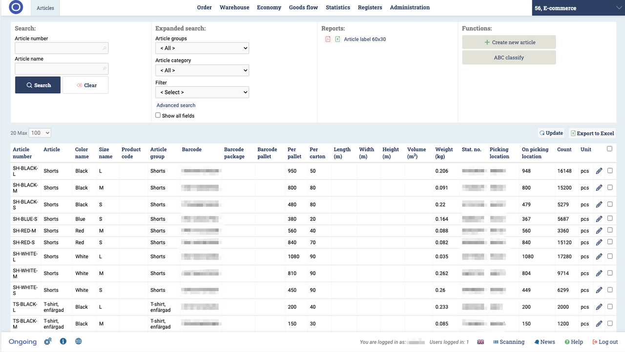 Ongoing WMS dispose d'un riche registre d'informations sur les articles (produits).