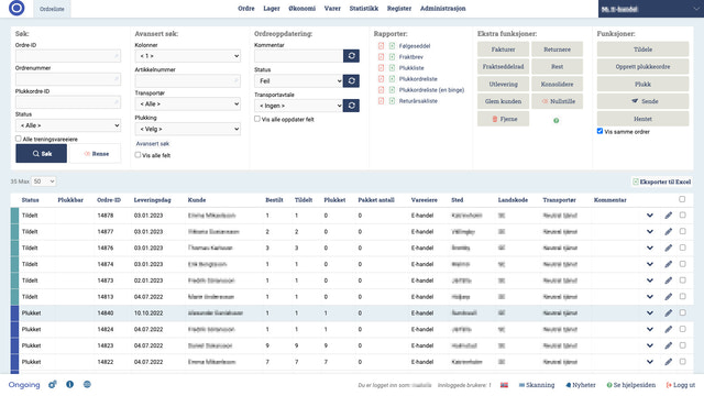 Ongoing WMS-ordreliste gir oversikt over dine salgsordrer.