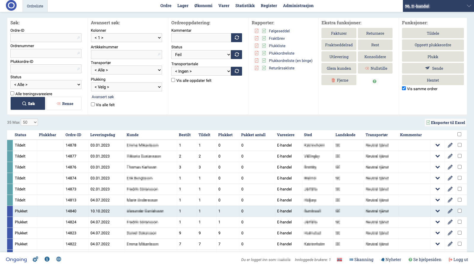 Ongoing WMS-ordreliste gir oversikt over dine salgsordrer.