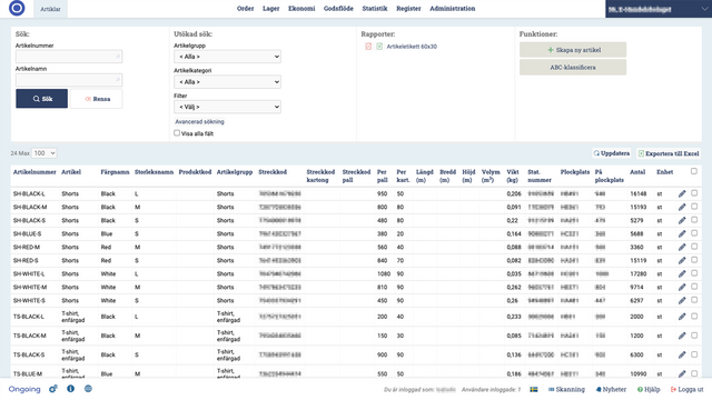 Ongoing WMS har ett stort register över artikel(produkt)info