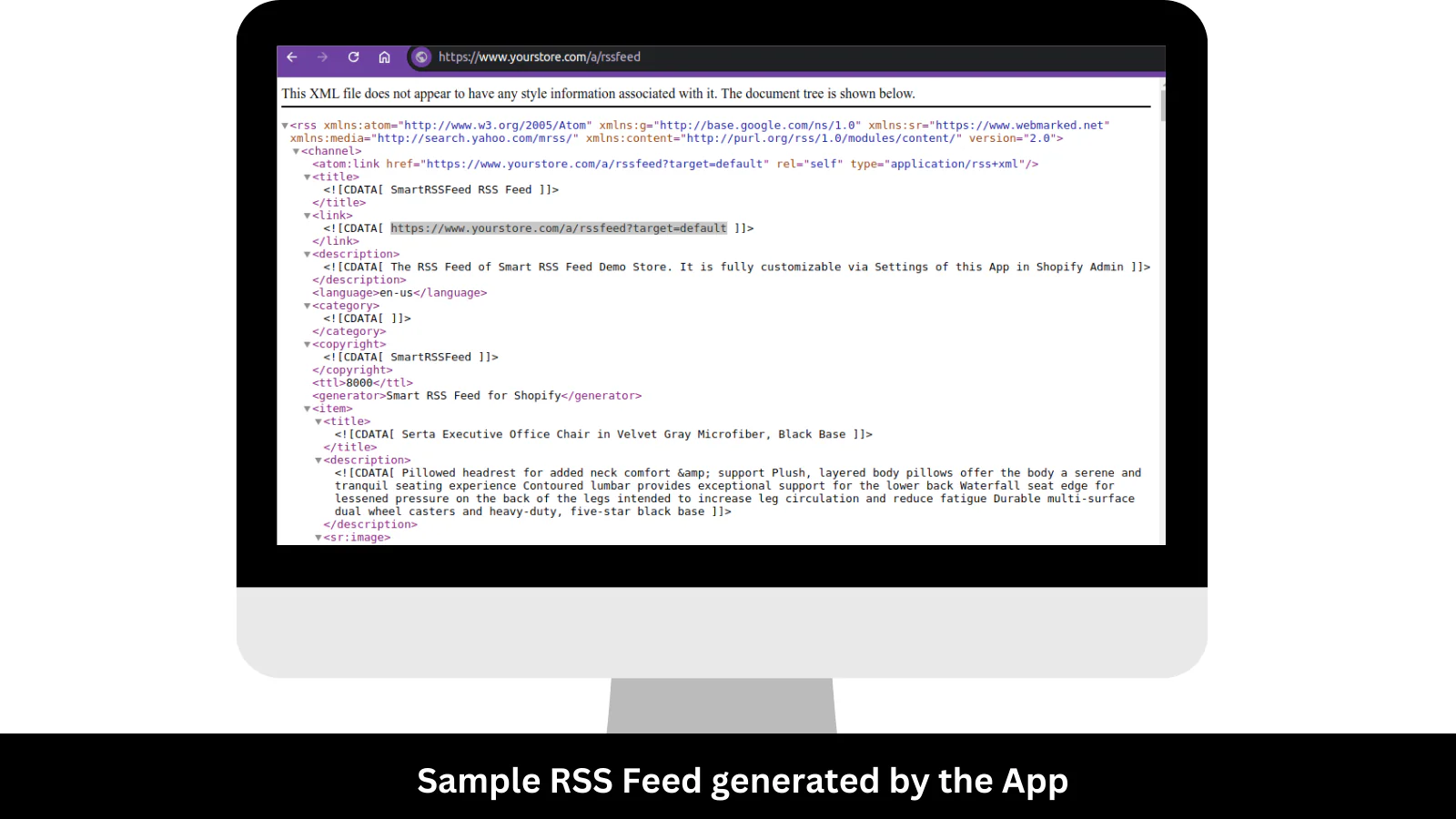 The output RSS Feed generated by the app on your Store