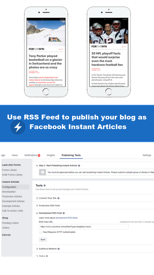Använd RSS-flöde för att publicera din blogg som Facebook Instant Articles