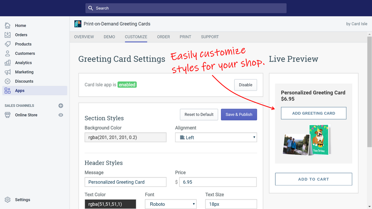 Easily customize the Card Isle integration to match your shop.